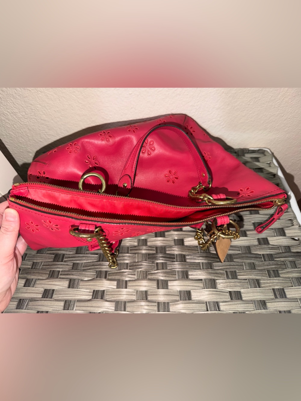 Coach Pink Leather Floral Perforated Chain Shoulder Bag Turnlock - Style 23842 - Picture 10 of 16